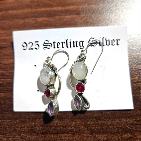 Moonstone Garnet & Rose Quartz Gemstone Earring 925 Sterling Silver - Picture 6 of 7